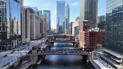 Chicago Riverwalk At Chicago In Illinois United States. Downtown City. Metropolis Landscape. Chicago Riverwalk At Illinois United States. Financial District. Stunning Cityscape. © bydronevideos