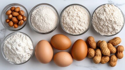 A neatly arranged assortment of baking ingredients, including eggs and flour, evokes the anticipation of homemade treats.