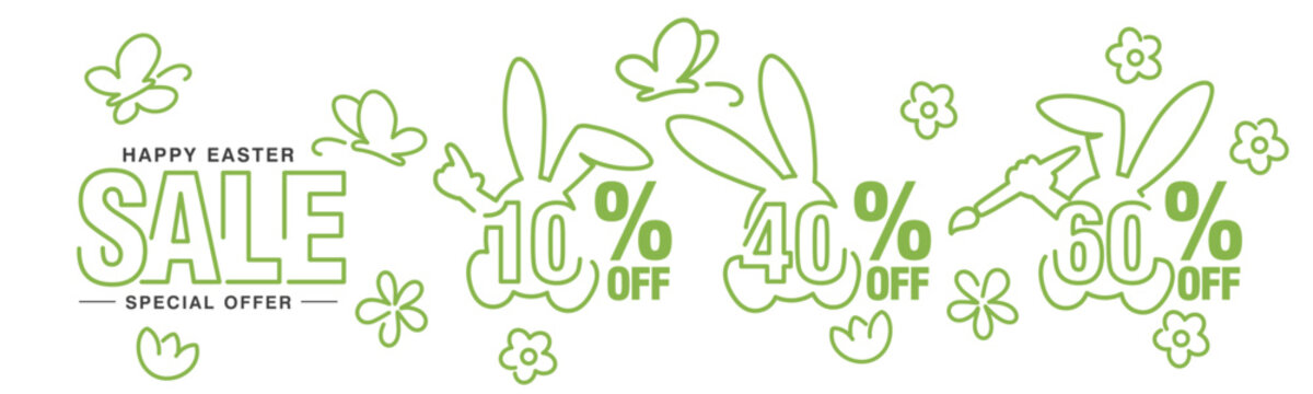 Happy Easter Sale special offer 10 40 60 10% 40% 60% percent off green banny negative space discount line art outline numbers stickers white background