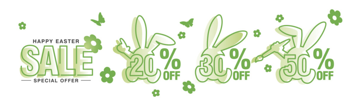 Happy Easter Sale special offer 20 30 50 20% 30% 50% percent off green banny negative space discount line art outline numbers with bunny silhouettes stickers white background