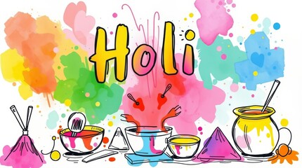 "Vibrant Holi Festival Illustration – Watercolor Splashes & Festive Elements"
