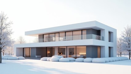 "Modern Minimalist House – Sleek Winter Retreat with Warm Interior Glow"