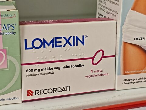 Prague,Czech Republic-January 8 2025: LOMEXIN by Recordati contains Fenticonazole, used to treat vaginal fungal infections such as candidiasis

