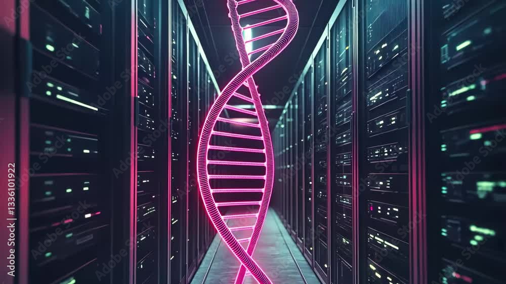 Poster data processing and dna strands visualizing in a modern server room with glowing effects and technol
