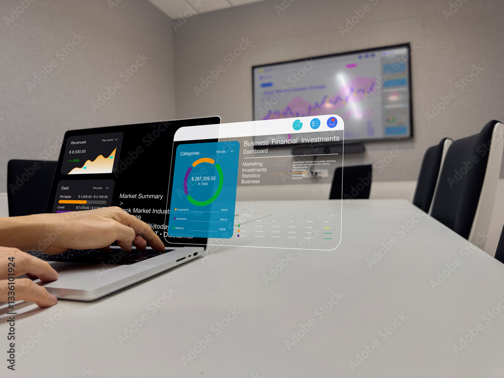 Poster businessman working latop computer with financial analytics in meeting room background.