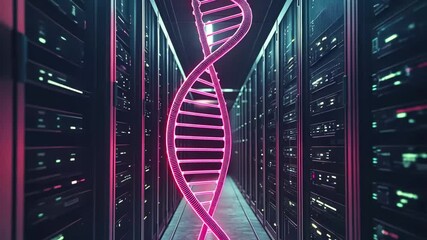 Data processing and dna strands visualizing in a modern server room with glowing effects and technology, dna strands and data processing over server room - Powered by Adobe