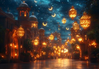 Magical Arabian Night Cityscape Illuminated Golden Lanterns Starry Night Festive Atmosphere art sky 