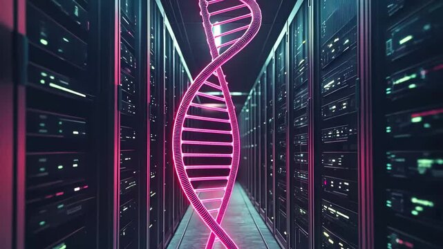 Data processing and dna strands visualizing in a modern server room with glowing effects and technology, dna strands and data processing over server room - Powered by Adobe