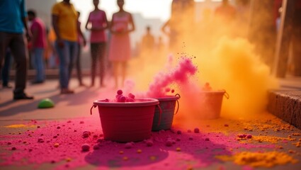 "Vibrant Holi Powder Explosion – Festive Colors with Sunlit Celebration Scene"