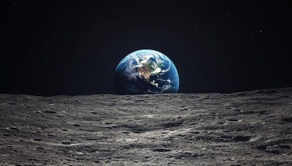 The blue planet Earth rising from the lunar surface dramatically appears