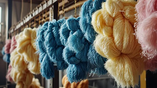 Vibrant yarn bundles displayed in a textile workshop during daylight hours