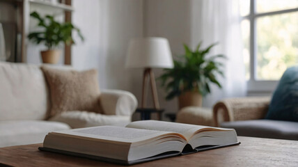 Inviting Reading Space. Open Books on Wooden Table in a Sunlit Living Room with Comfortable Seating.