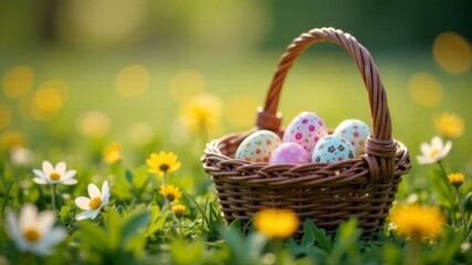 basket of easter eggs in a field
