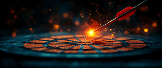 a red arrow hit the center target on a dart board with a blue background,