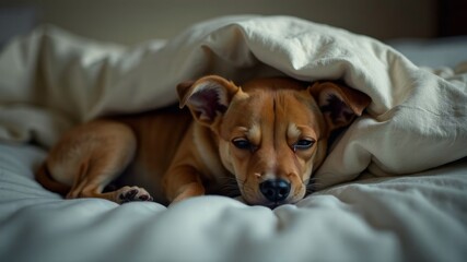 dog in bed lying under the blanket