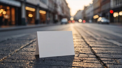 Copy space of a greeting card with blank cover at sunset under blurred town street background at sunset for mock up, 3D model & rendering