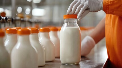Worker's Hand Placing Cap on Milk Bottle in Dairy Factory