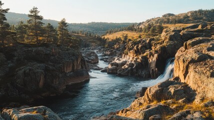 Majestic river carves its way through rugged rocky terrain amid nature's embrace