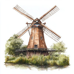 Illustration painted windmill stands proudly near water enjoying sunshine