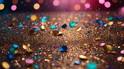 Close-Up of Multicoloured Glitter and Sequins with Blurred Bokeh Lights. Festive Sparkle Delight.