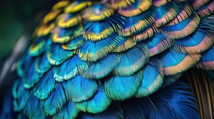 Abstract avian plumage artwork showcasing nature's vibrant iridescence and textures