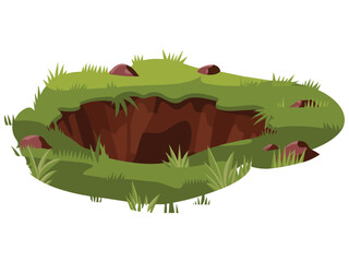 Deep Pit with Grass and Stones Detailed Cartoon Drawing on White Background