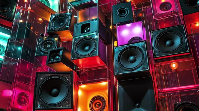 Colorful display of speaker membranes illuminated in vibrant hues, Playing speaker membranes stacked in endless Lit by colourful retro lights