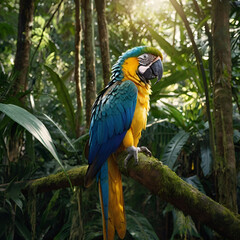 Obraz premium Blue and yellow macaw parrot perched on a mossy branch inside a lush tropical rainforest for environmental and wildlife marketing themes.