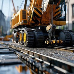 Yellow Construction Crane on Tracks in Urban Setting