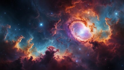 Fototapeta premium Colorful Cosmic Nebula with Glowing Light and Starry Sky, Deep Space Art