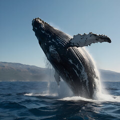 Fototapeta premium A massive humpback whale breaches high out of the deep blue ocean water with mountains in the background.