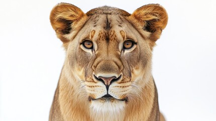 Obraz premium Close-up portrait of a lioness against white background. Possible use wildlife photography