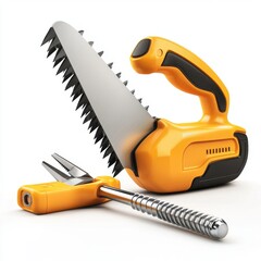Yellow Hand Saw and Hammer on White Background
