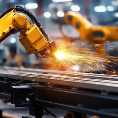 Yellow Industrial Robot Welding Metal Parts in a Factory