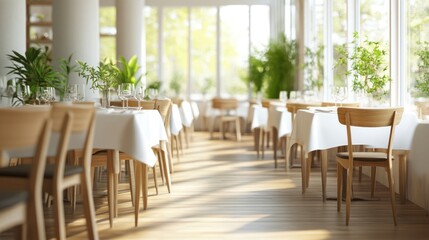 Empty modern restaurant interior with sunlight and plants. Suitable for food advertising or interior design