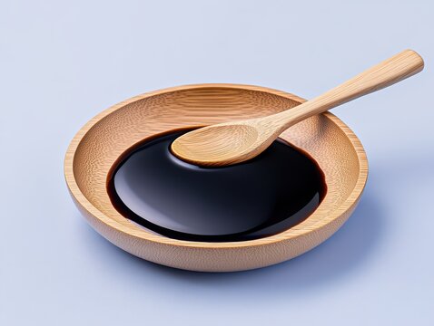 A wooden bowl filled with dark sauce and a spoon resting on the edge - Powered by Adobe