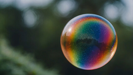 A Close-Up of a Single Iridescent Bubble with a Spectrum of Colors Reflected. Rainbow Soap Bubble.