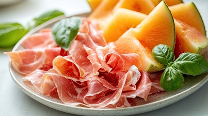A stunning Italian prosciutto di Parma plate served with sweet melon slices, arranged with refined simplicity and fresh elegance --ar 16:9 --v 6.1 Job ID: c910e681-70ef-4cb0-989d-8eb8b743965d