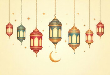 Obraz premium Realistic Ramadan Kareem Background with ornament hanging in top frame