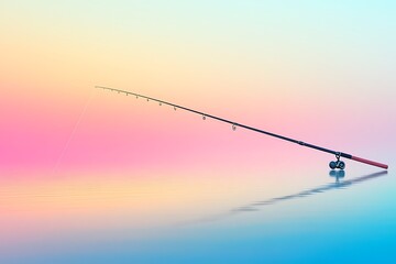 Fishing Rod Still Life with Pastel Water Reflection for Serene Hobbies and Summer Fun