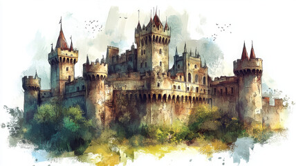Obraz premium Painted realistic castle stands gracefully in watercolor style illustration