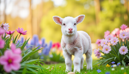 Obraz premium Baby lamb playing in a colorful flower garden 