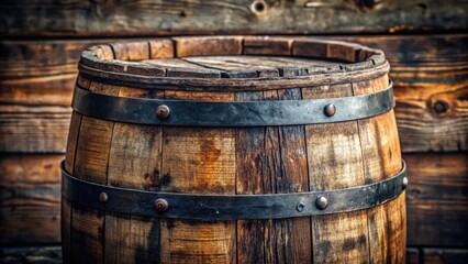 Fototapeta premium Aged Wooden Barrel with Metal Bands, Rustic Texture and Aged Wood Grain Detail