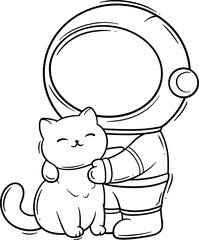 Cute Cartoon Astronaut playing with cat outline