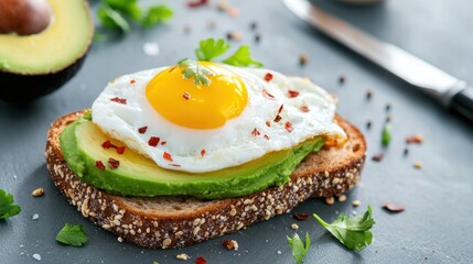 Delicious and Healthy Avocado Toast with Fried Egg and Spices on a Rustic Wooden Background