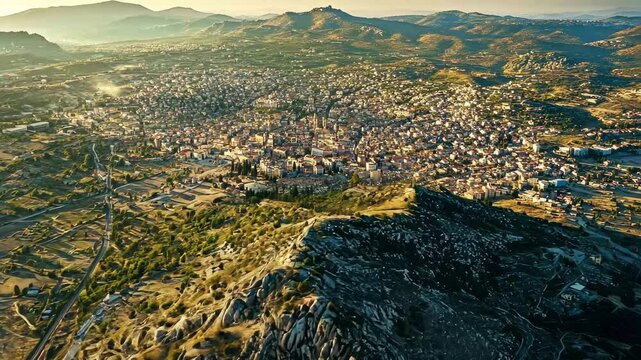 Stunning aerial view of sunny Argos, Greece showcasing urban landscape and natural beauty, Aerial view of the city Argos in Greece on a sunny morning