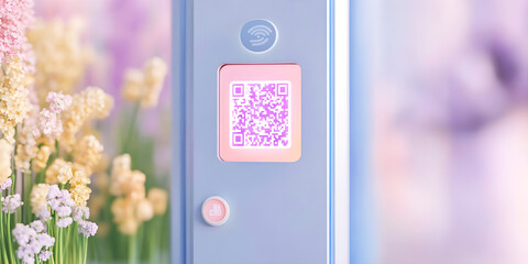 Modern QR code scanner with a glowing pink display, surrounded by soft pastel flowers. A futuristic blend of technology and nature, symbolizing digital transactions and smart access
