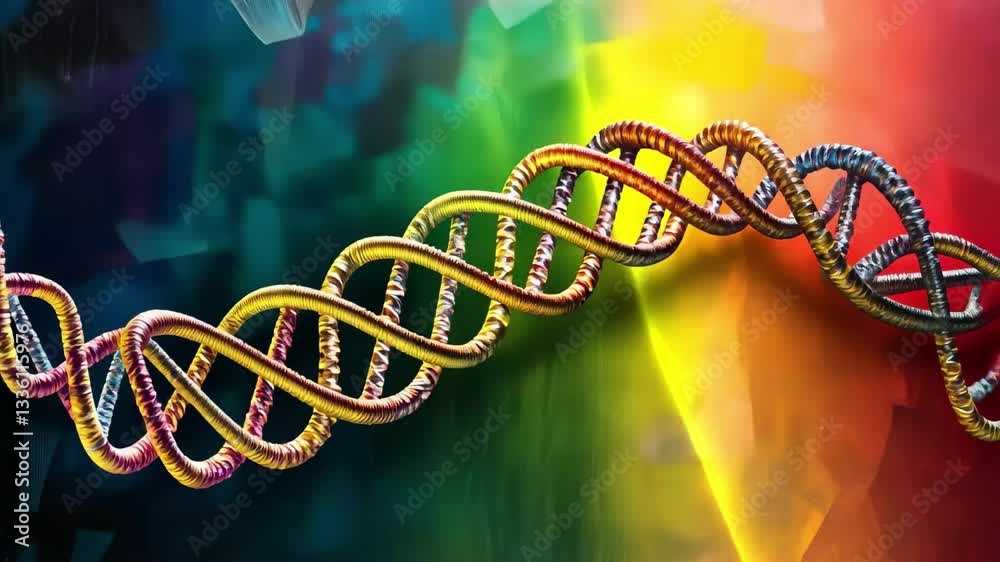 Poster dna strand intertwines with colorful data processing background in a vibrant scientific representati