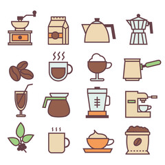 Coffee linear icons set. Collection of colored coffee icons