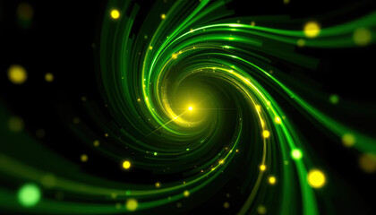 Abstract Wallpaper Design Featuring Green Light Spirals and Yellow Orbs on Black